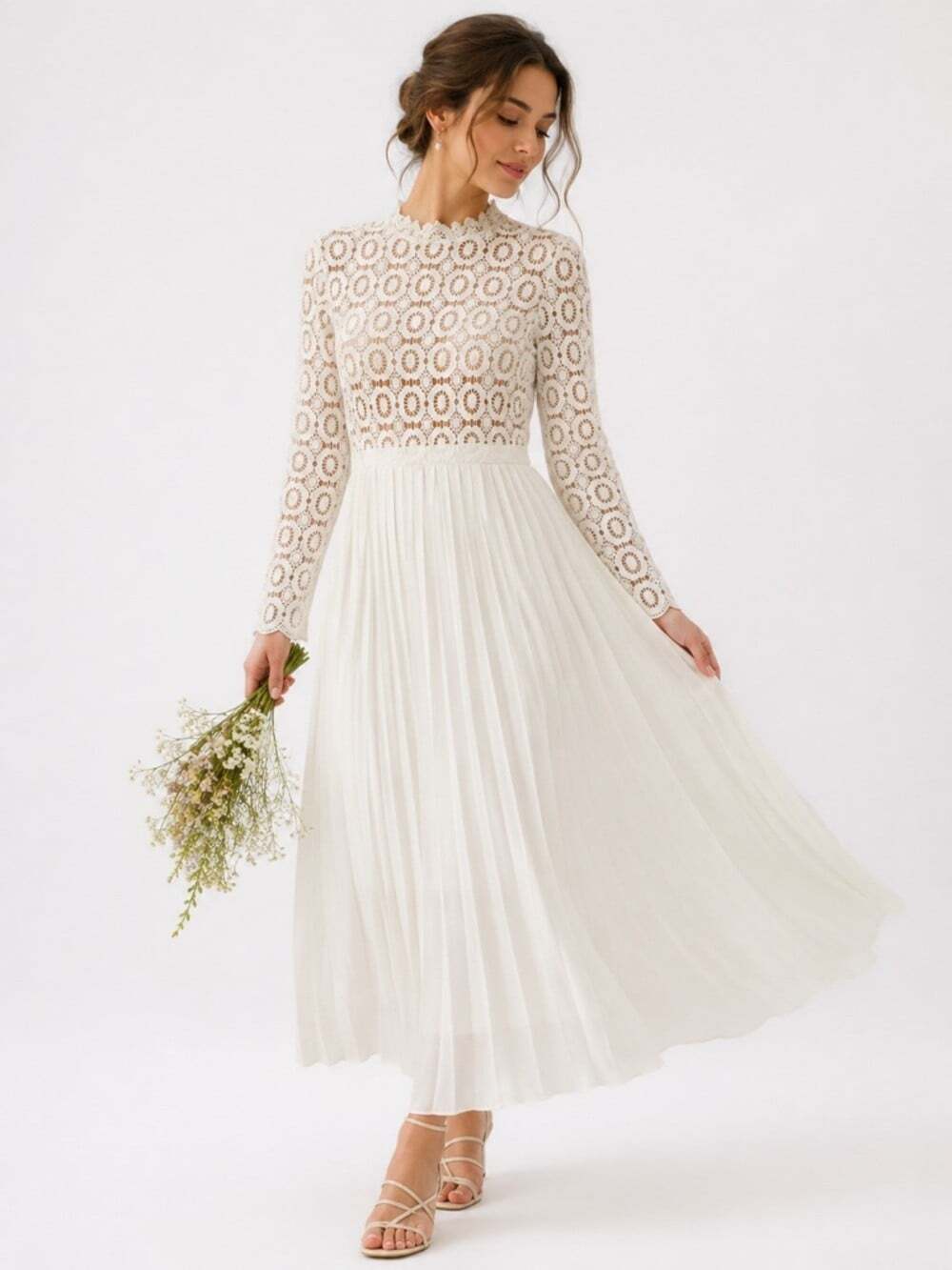 Little Mistress Ivory Lace Pleated Midi Dress Long Sleeve Wedding Guest Size 2